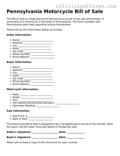 Printable Pennsylvania Motorcycle Bill of Sale Template