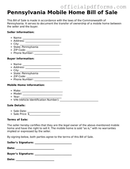Printable Pennsylvania Mobile Home Bill of Sale Template