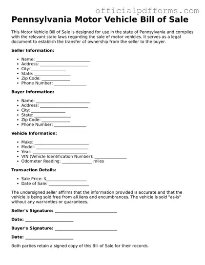 Printable Pennsylvania Motor Vehicle Bill of Sale Template