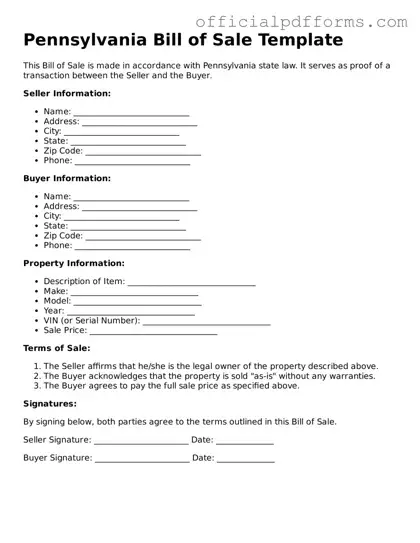 Printable Pennsylvania Bill of Sale Template