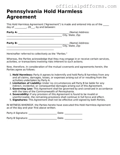 Printable Pennsylvania Hold Harmless Agreement Template