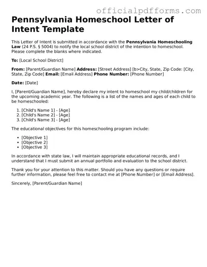 Printable Pennsylvania Homeschool Letter of Intent Template