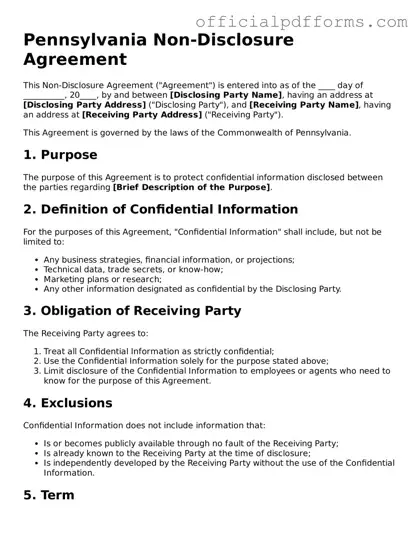 Printable Pennsylvania Non-disclosure Agreement Template