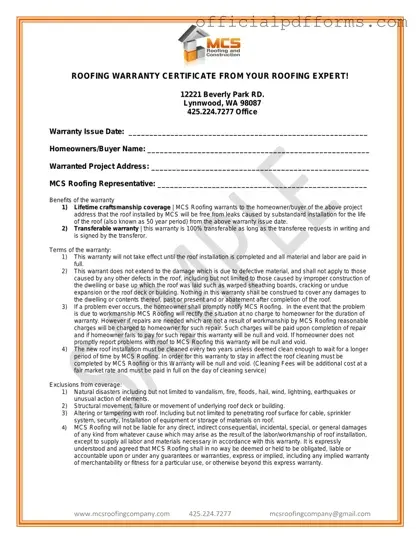 Fill in a Valid Roofing Warranty Certificate Form
