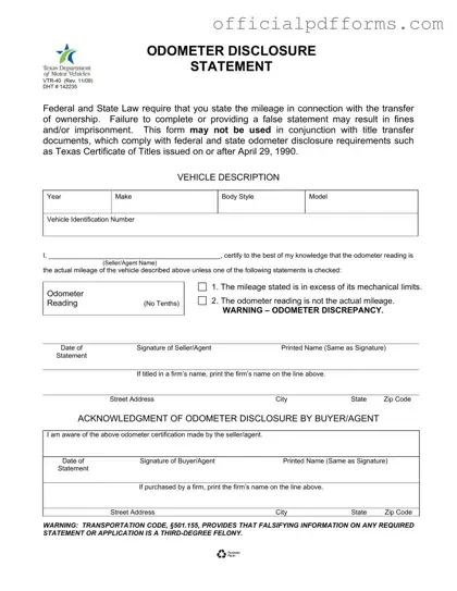 Fill in a Valid Texas Odometer Statement Form