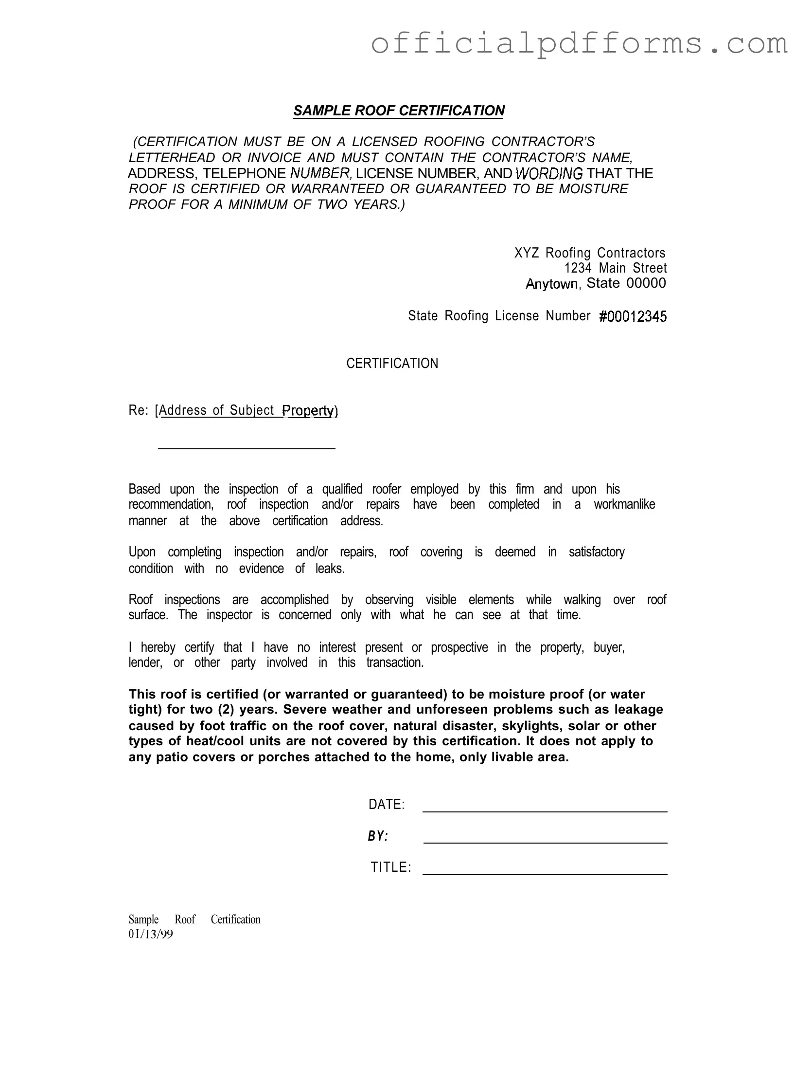 Fill in a Valid Sample Roof Certification Form