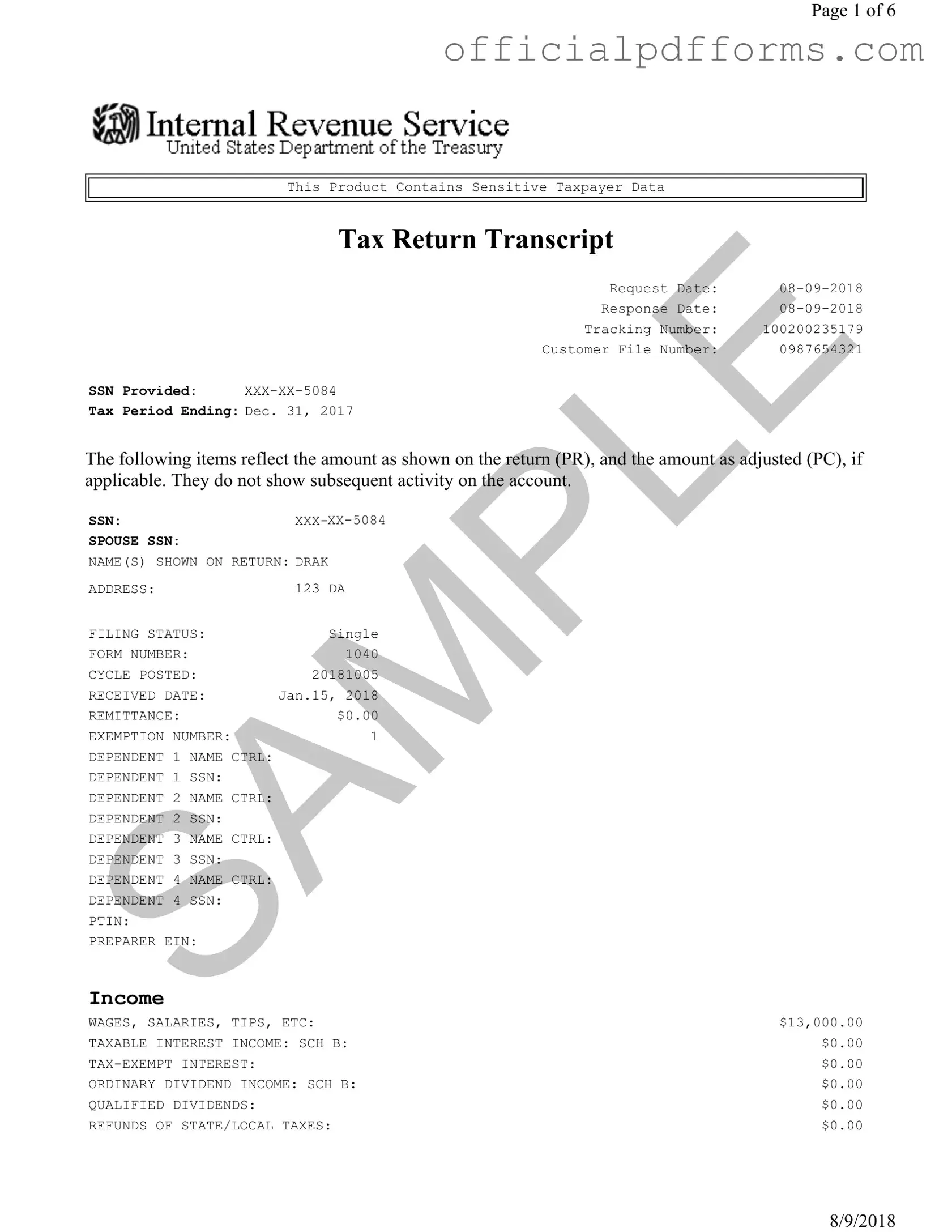 Fill in a Valid Sample Tax Return Transcript Form
