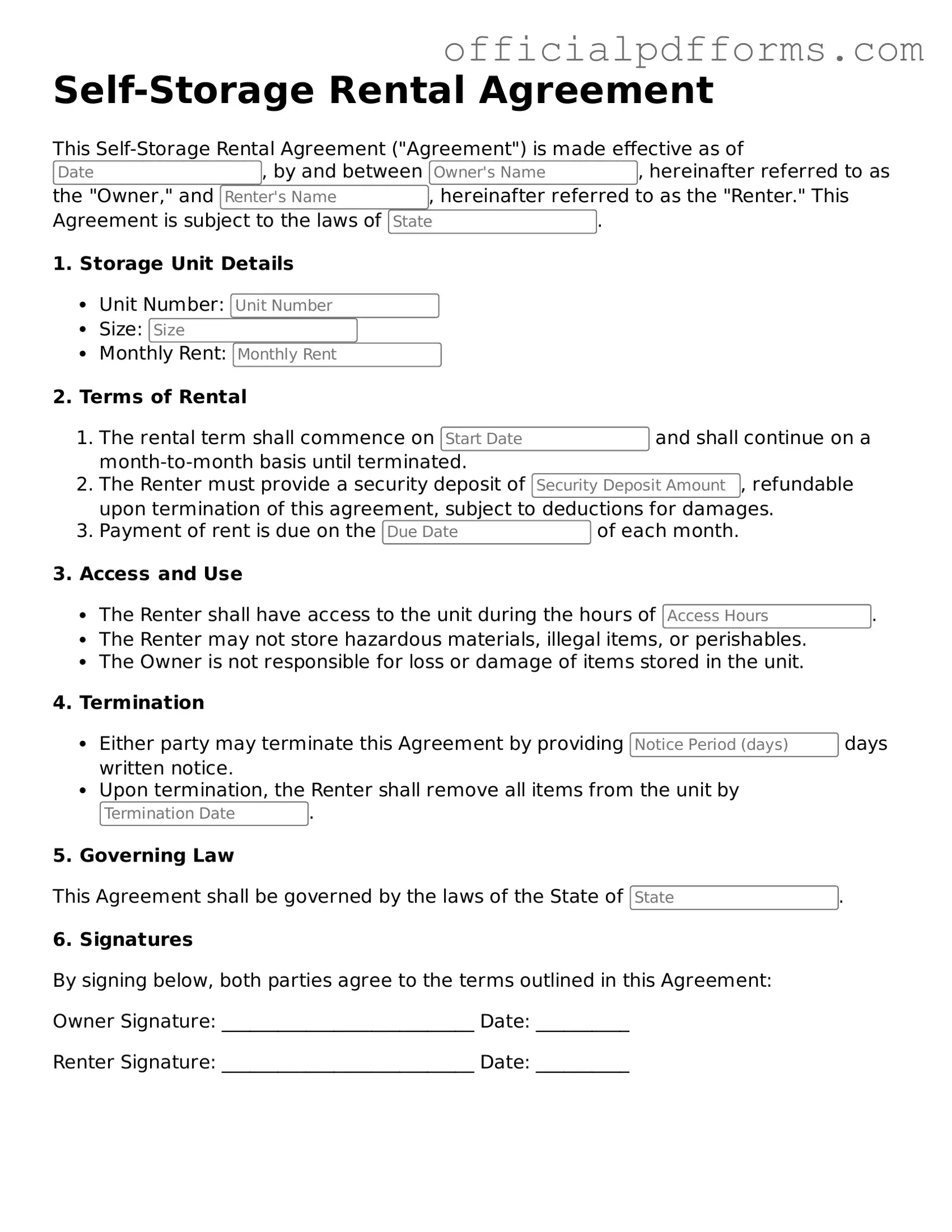 Valid Self-Storage Rental Agreement Document