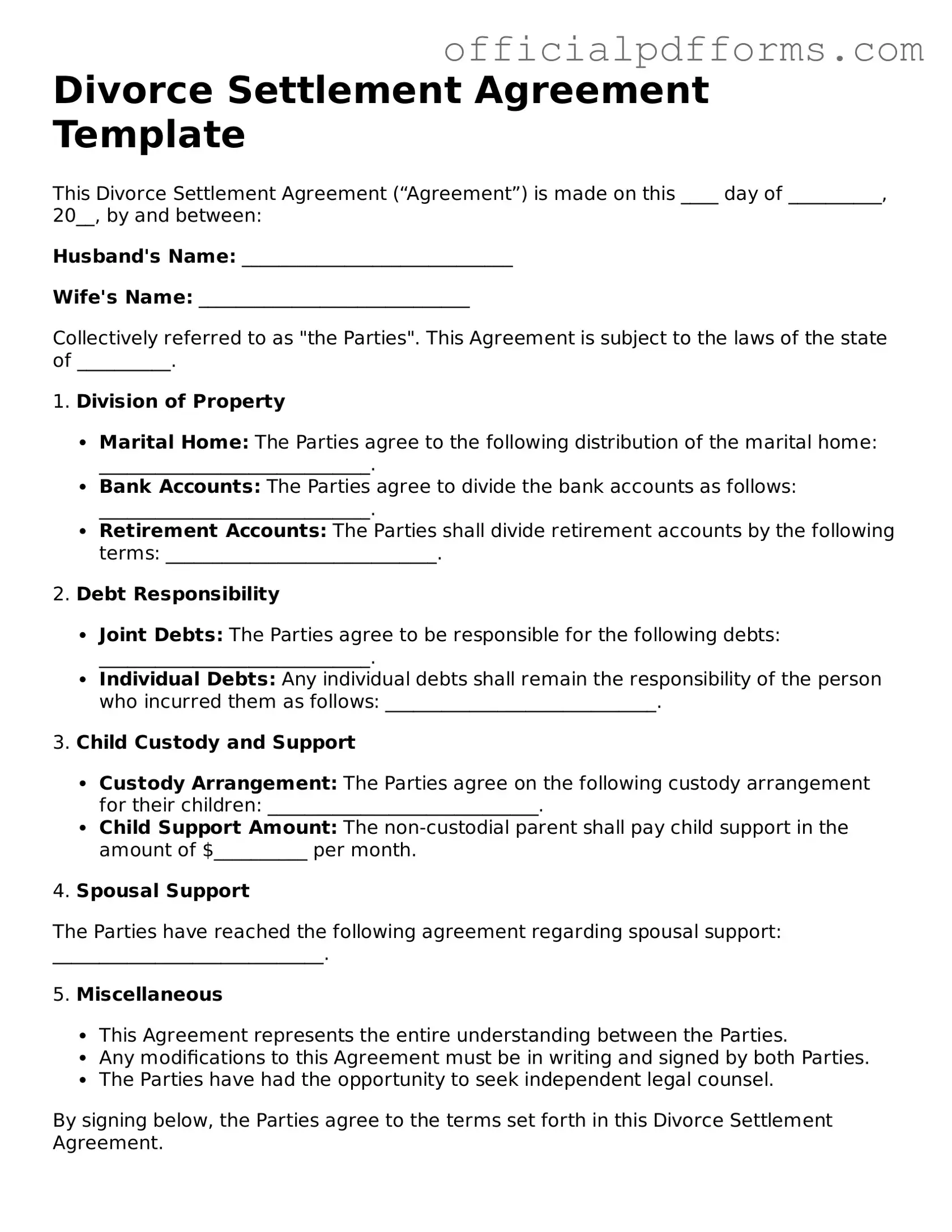 Valid Divorce Settlement Agreement Document