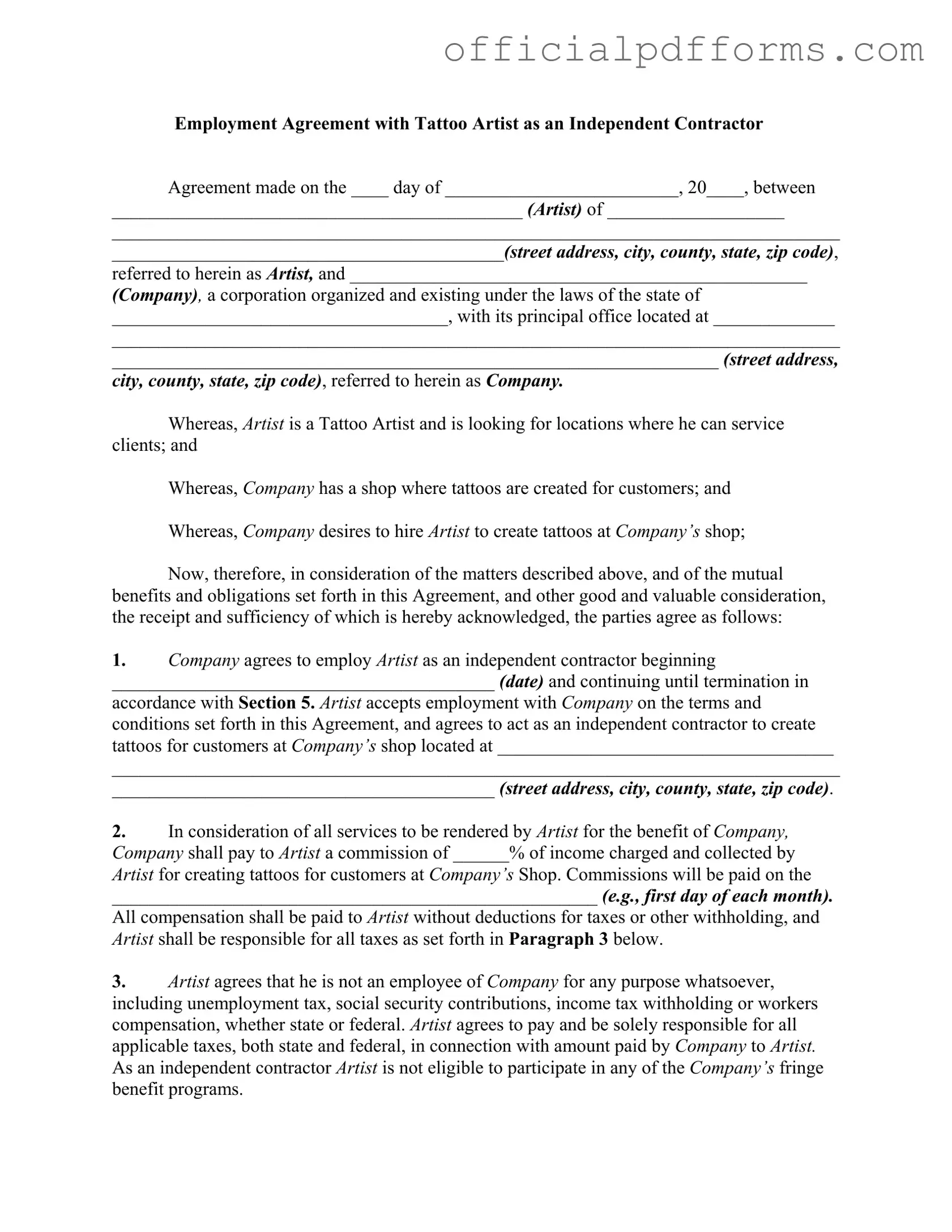 Fill in a Valid Tattoo Shop Artist Agreement Form