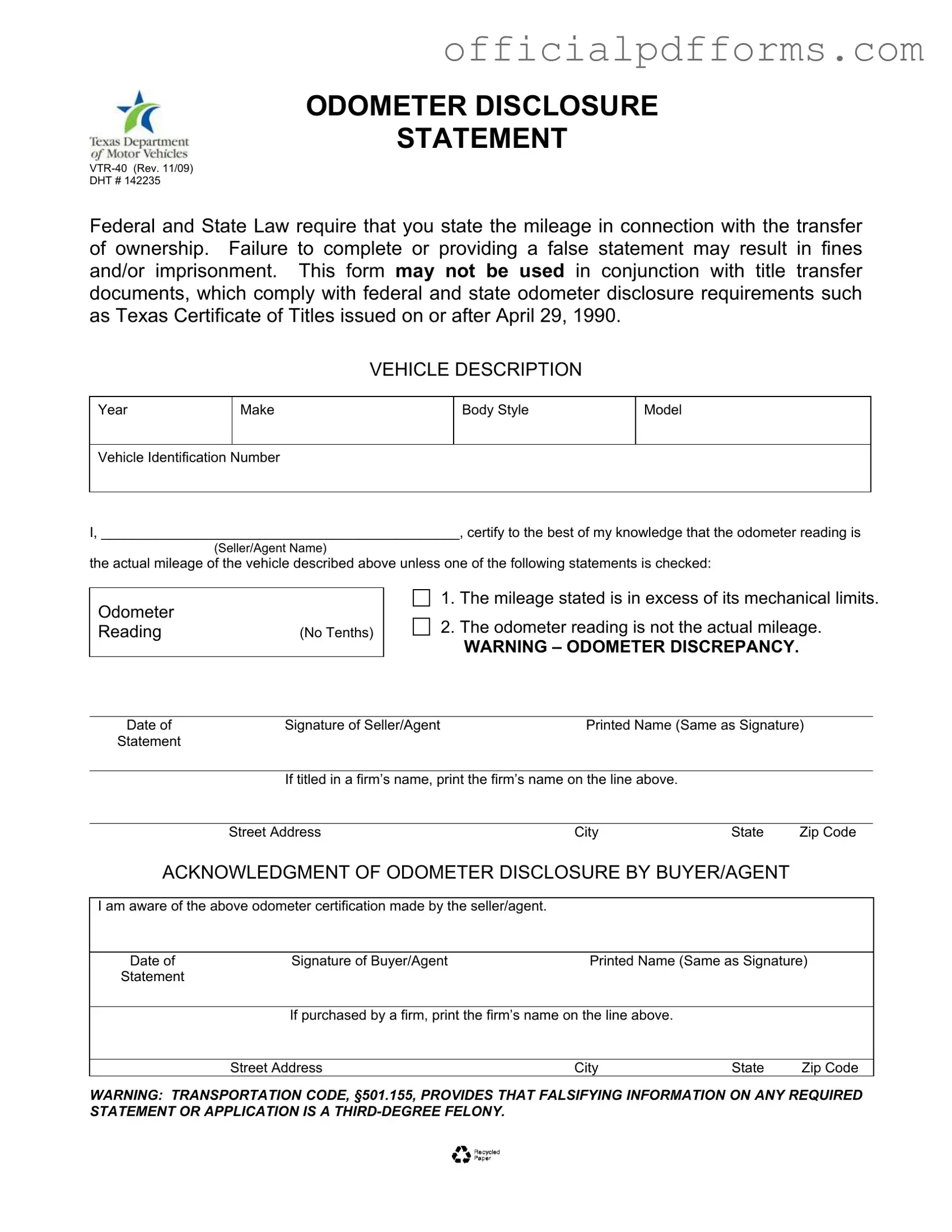 Fill in a Valid Texas Odometer Statement Form
