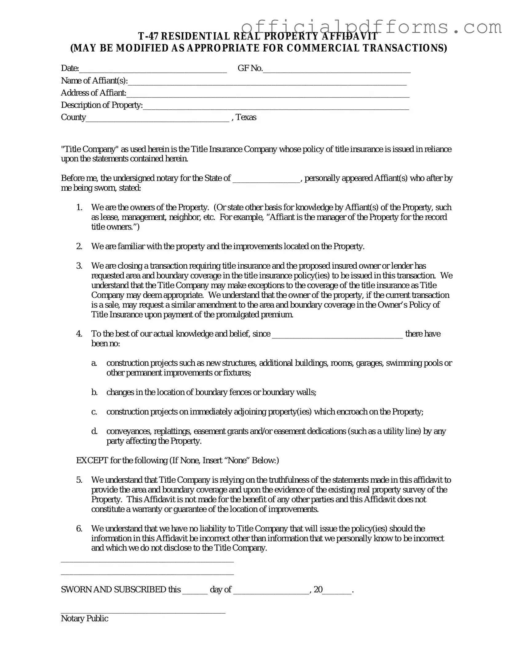 Fill in a Valid Texas residential property affidavit T-47 Form