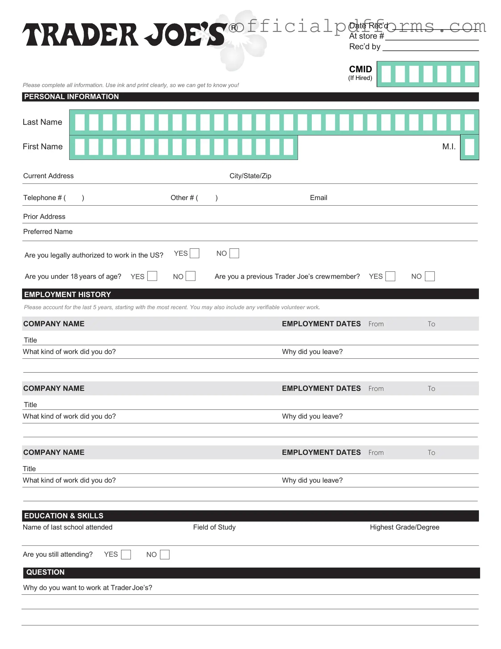 Fill in a Valid Trader Joe's application Form