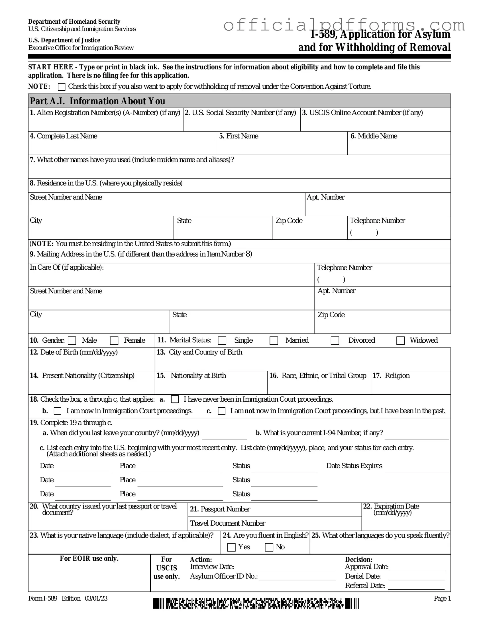 Fill in a Valid USCIS I-589 Form