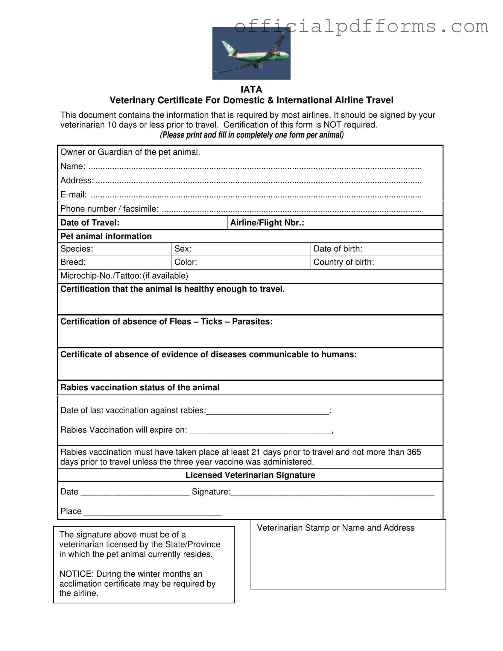 Fill in a Valid Veterinary Certificate Travel Form