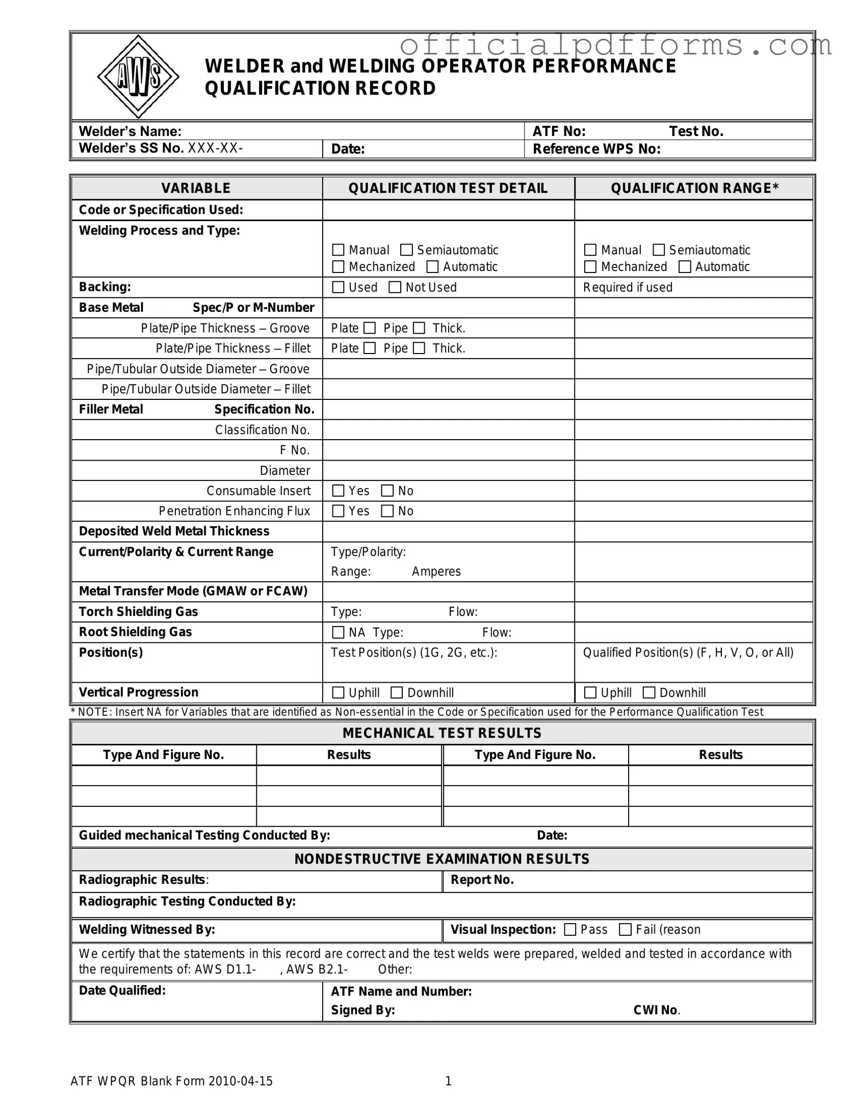 Fill in a Valid Welder Performance Qualification Record Form